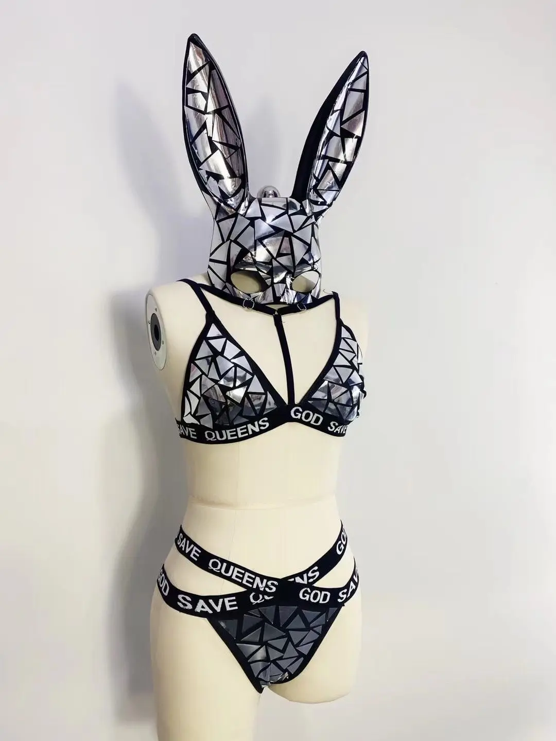 Sexy Silver Rabbit mask mirror bikini sexy club dancer wear Nightclub show singer dance Costume