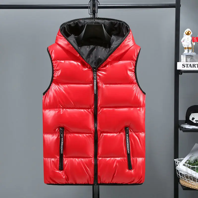 Winter Men Bright Vest Hooded Warm Thicken Waistcoat Cotton-Padded Solid Color Waterproof Male Streetwear Size 5XL 6XL