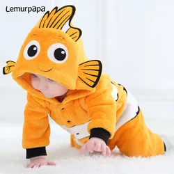 Kawaii bonito do bebê macacão nemo traje recém-nascido da criança menino menina macacão inverno roupas quentes anime peixe kigurumis macacão terno