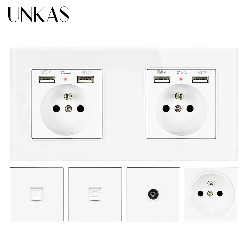 UNKAS Gray 2 Gang Russia Spain French EU Standard Grey Socket Tempered Glass Panel 146mm * 86mm Outlet