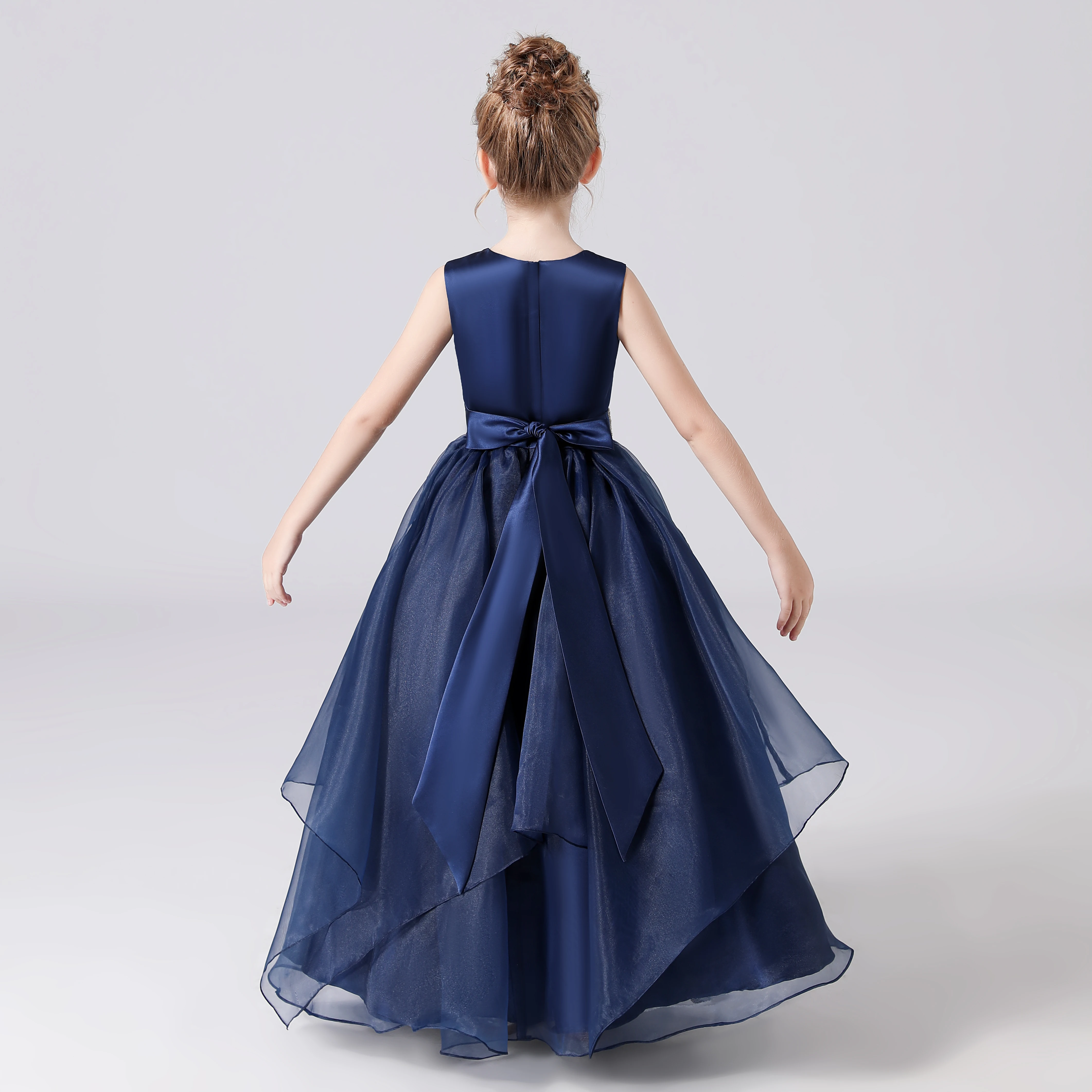 Dideydress-Azul Marinho Sashes Frisado Bow Tiered Flower Dresses para Meninas, Organza Princess Vestidos Formais para Crianças, Birthday Party Gown