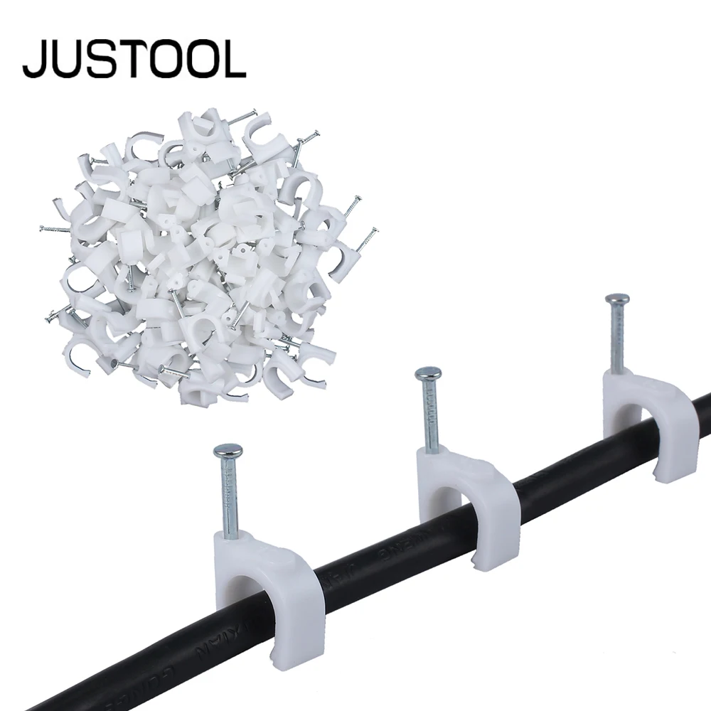 JUSTOOL 100Pcs 12Mm รอบเส้นทางสายคลิปไนลอนสูงเหล็กคาร์บอนเล็บ C Wire Wall ผู้ถือ TV โทรศัพท์อินเทอร์เน็ตตะกั่ว Fixing