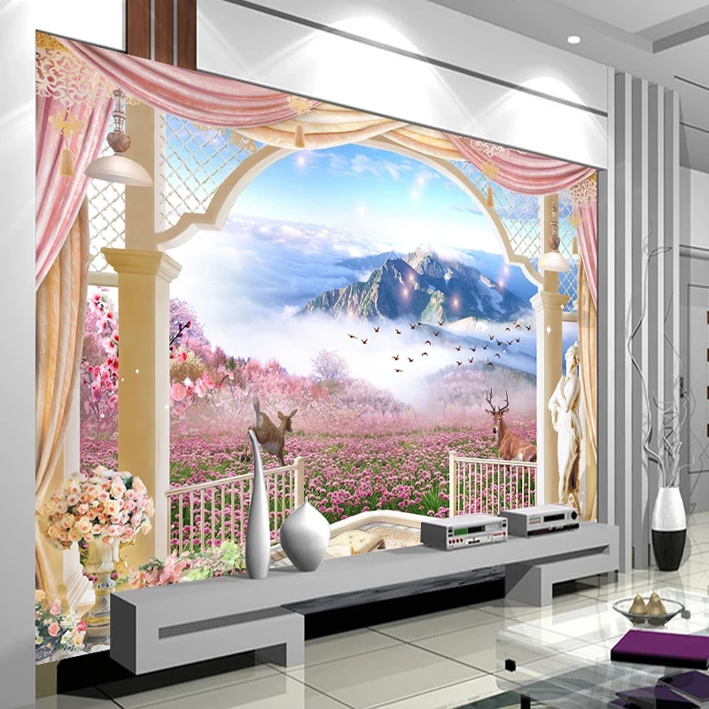 Benutzerdefinierte 3D Foto Tapete Wandmalereien Romantische Garten Stil Außerhalb Das Fenster Wohnzimmer Dekor Wandbild Wand Tuch Papel De Parede 3d