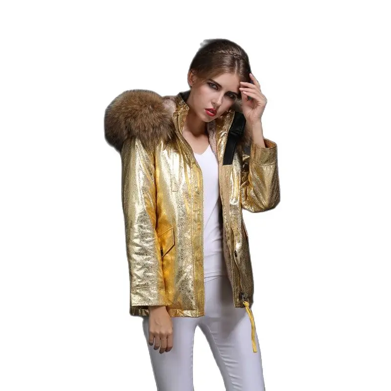 Golden Leather Short Fur Parka Natural Raccoon Fur Hoodies Mr or Ms Winter Down Fur Coat Wear