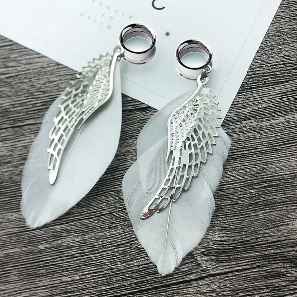 1 Pair Ear Tunnel Plug Stainless Steel Ear Gauges Flesh Piercing Feather Wing Pendant Ear ExpanderEar Reamer  Expansores Oreja