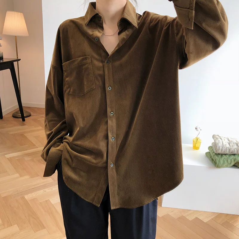 2021 Spring Woman Shirts Casual Loose Corduroy Shirts Women Blouse Mujer Blusa Femme Pocket Single-breasted Shirts Streetwear