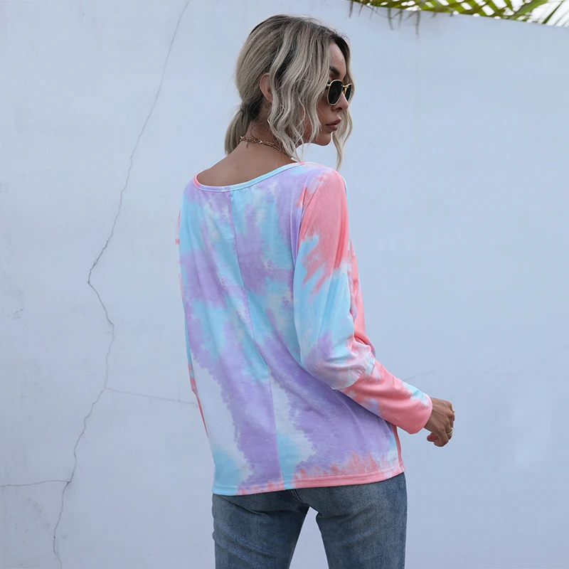 Blusa con estampado Tie Dye para mujer, Camisa básica de manga larga con cuello redondo, holgada e informal, ropa de calle femenina para Otoño e