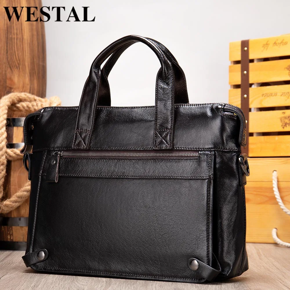 WESTAL Men\'s Leather Handbags Bag Men Leather Laptop Bag 14inch Men\'s Messenger Shoulder Bags Busines Briefcases Totes Bags 910