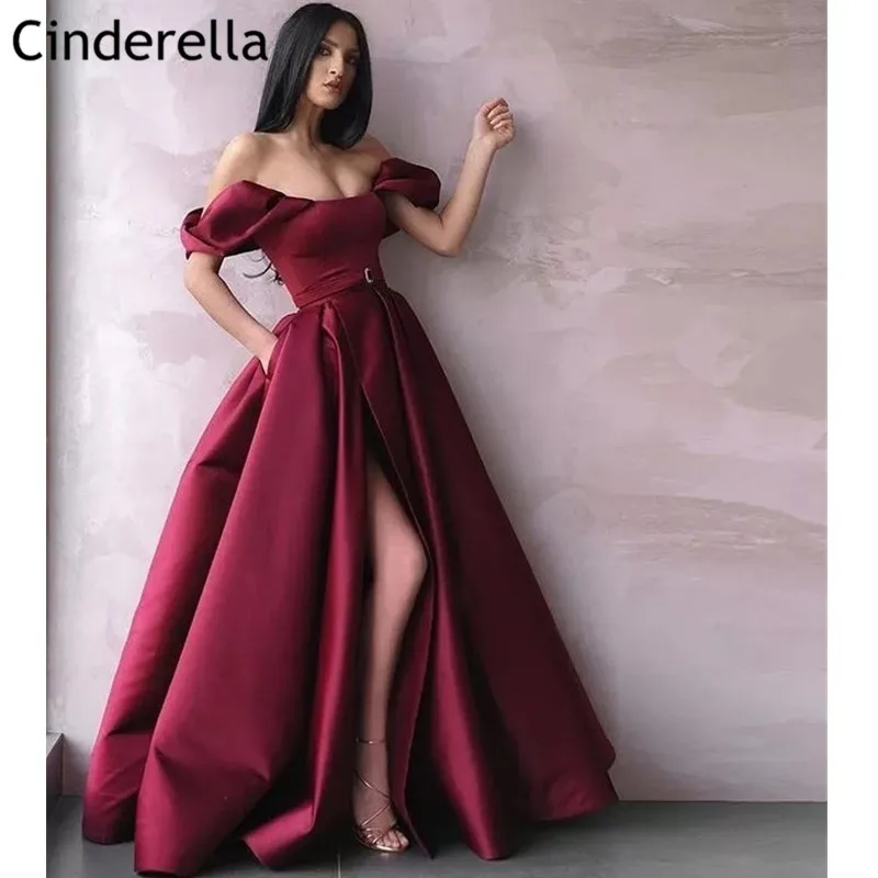 

Off The Shoulder Prom Dresses Scoop Floor Length Sweep Train A-Line Zipper Back Satin Prom Dresses vestidos de fiesta de noche