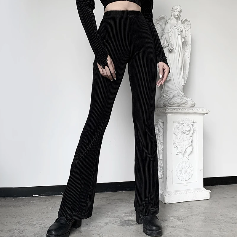 Women Sexy Black Pants Velvet Flare Pants High Waist Slim Fit Fashion Casual Ribbed Knitted Wide Leg Trousers Sport Leggings