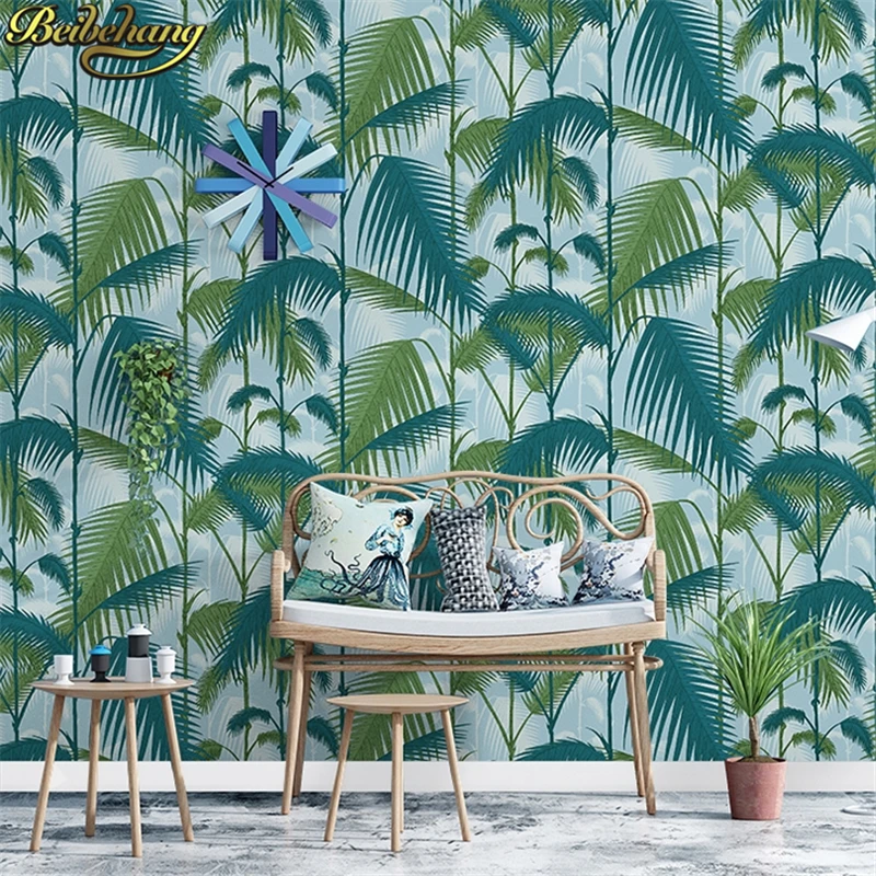 beibehang 3D American Rural Palm leaves Wallpaper Bedroom Living Room TV Emerald Green Background Wallpaper Retro Cottage Leaves