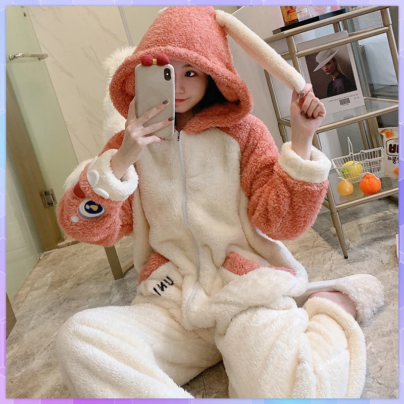 Пижама Женская Adult Onesie Warm Pajamas Animal Women\'s Jumpsuit Winter Cartoon Fleece Sleepwear Velvet Plus Size Home Clothes