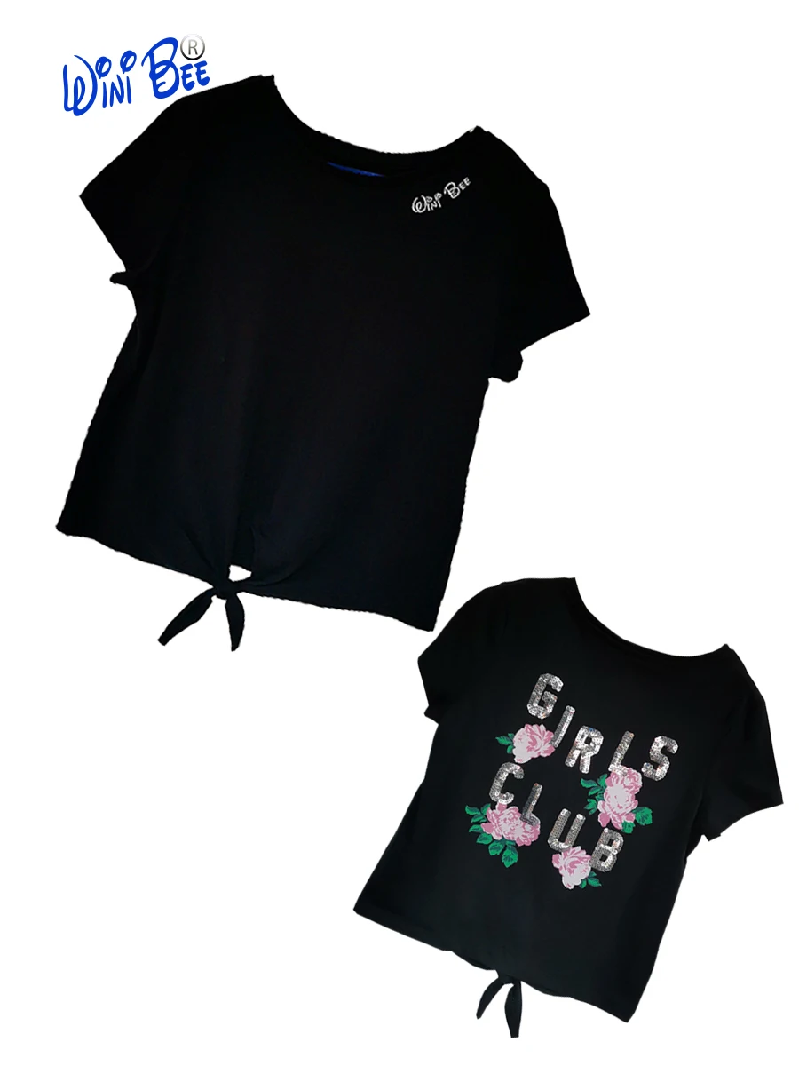 Girls TShirts Short Sleeve Print Sequins Black Fashion Girl Tops Kids Casual Tees Cotton Girls Clothes 2021Summer 8 10 12 14 16Y