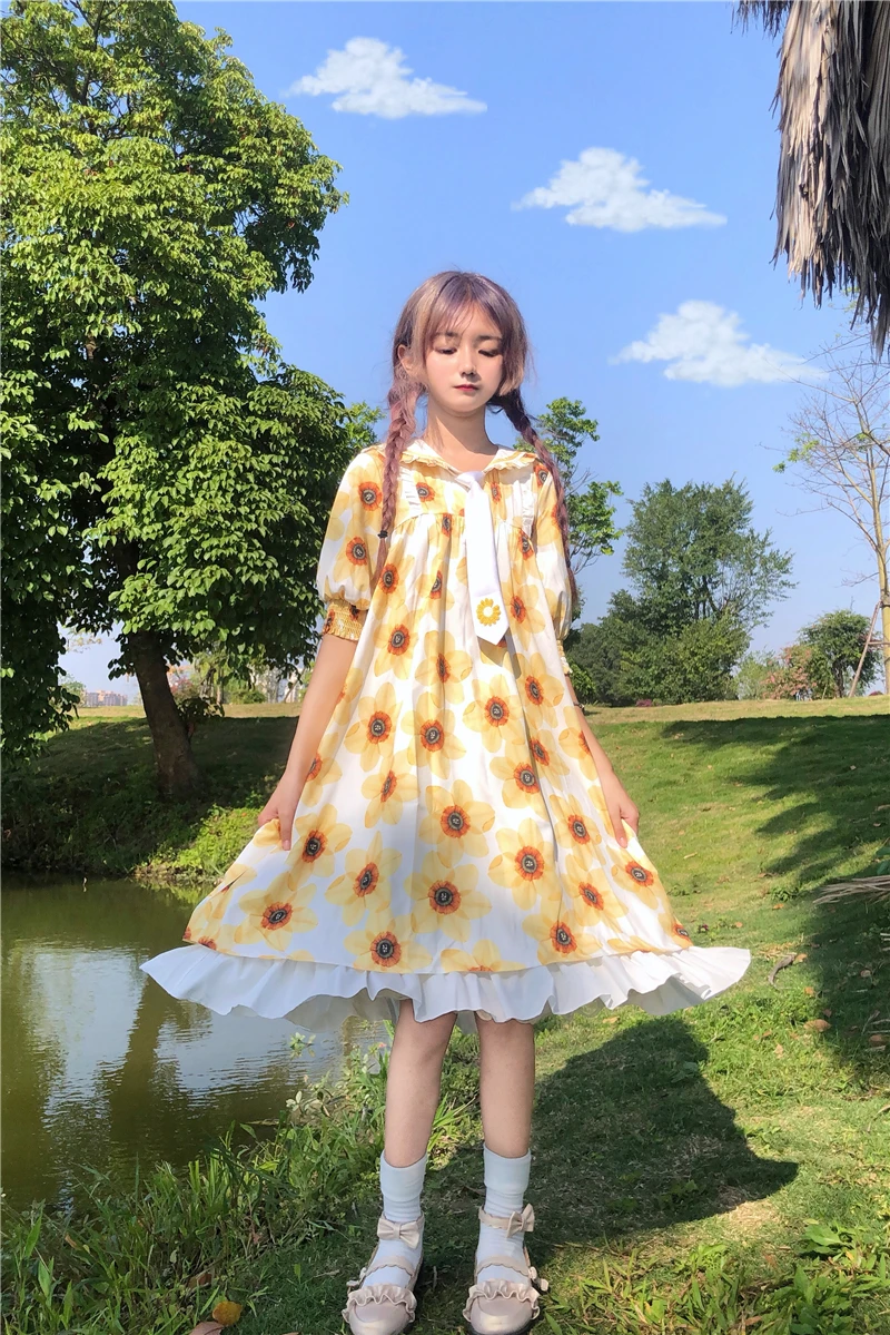 Summer New Japanese  Sweet and Lovely Daily Chrysanthemum Short Sleeve Dress + Lolita Take Chiffon Women gothic lolita