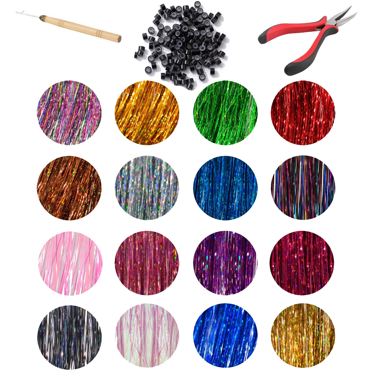 16PCS 3200Strands Sparkle Hair Tinsel Kit With Tools Rainbow Bling Secoration Girls Synthetic Extension Glitter Party