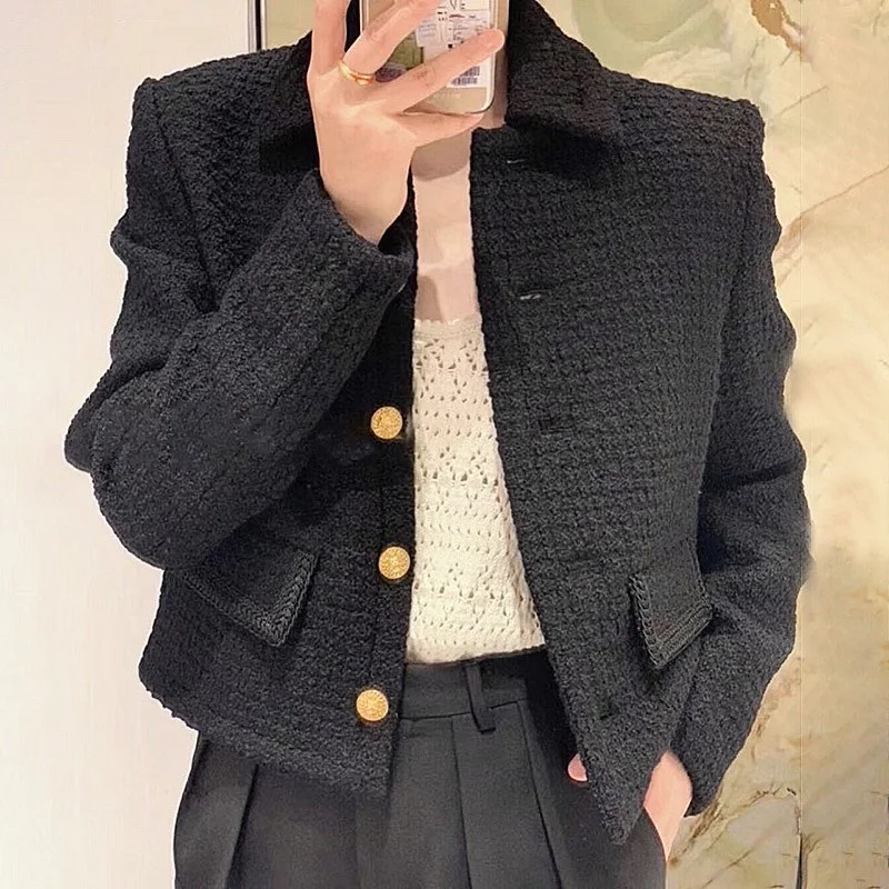 Black Elegant Wool Blend Coats Women New Spring Slim Long Sleeve High Waist Short Outerwear Casual Single Breasted Tweed Jacket