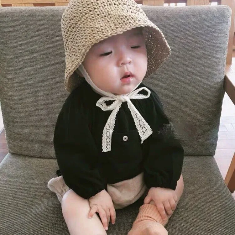 Summer Korean Baby Boy Girl Straw Hats Lace Strap Crochet Children Handmade Foldable Sun Cap Lace Beach Sun Outdoor Hat