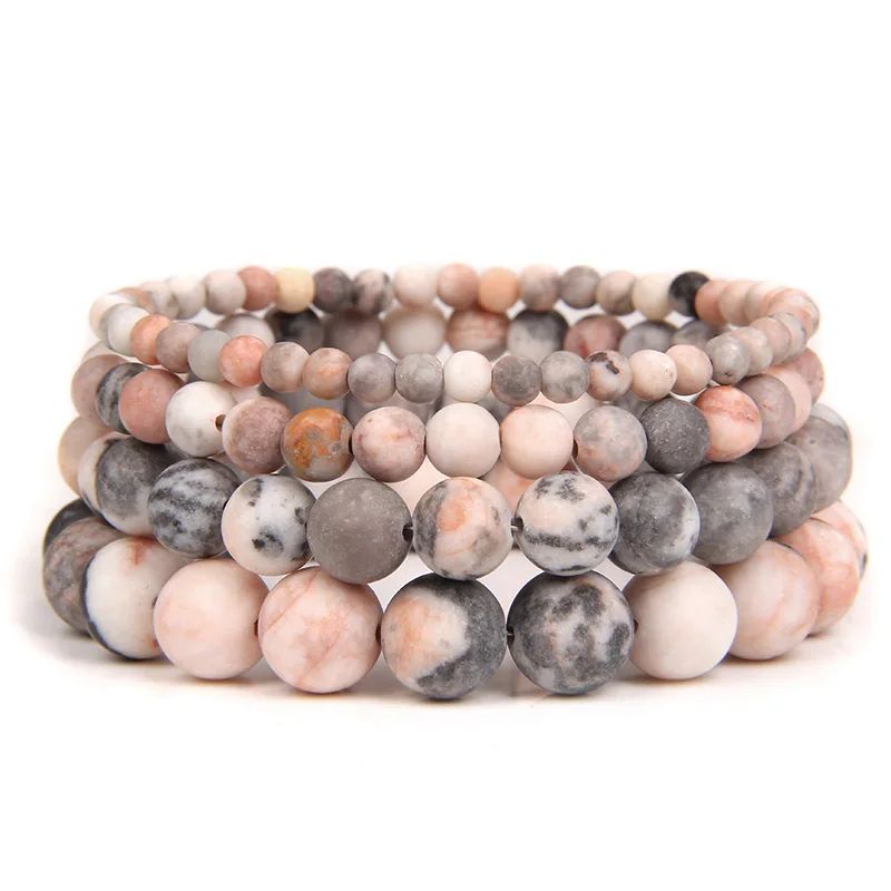 Natural Frosted Pink Zebra Mineral Stone Bracelets Handmade Matte Stone Bead Bracelet Women Men Yoga Meditation Jewelry Gift 1pc