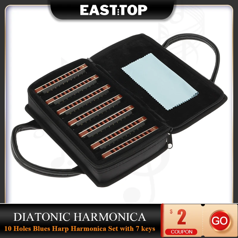 EASTTOP T008K-7 Diatonic Harmonica Set 10 Holes Blues Harp Diatonic Mouth Organ Harmonica Set 7 Keys For Adults Band Player