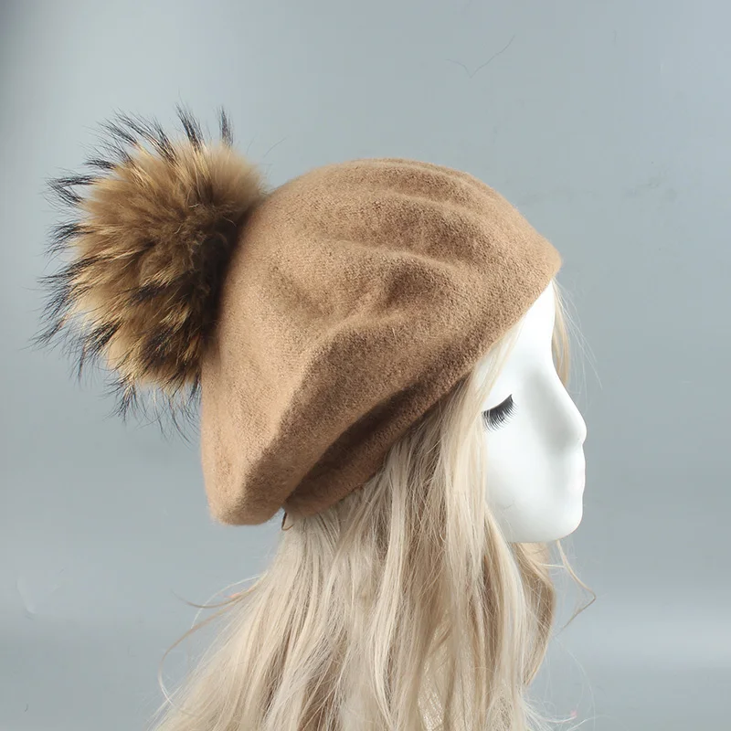 2022 New Big Real Fur Pompom Beret Women Vintage Artist Beret Hat Girls Autumn Spring Wool Knitted Cap