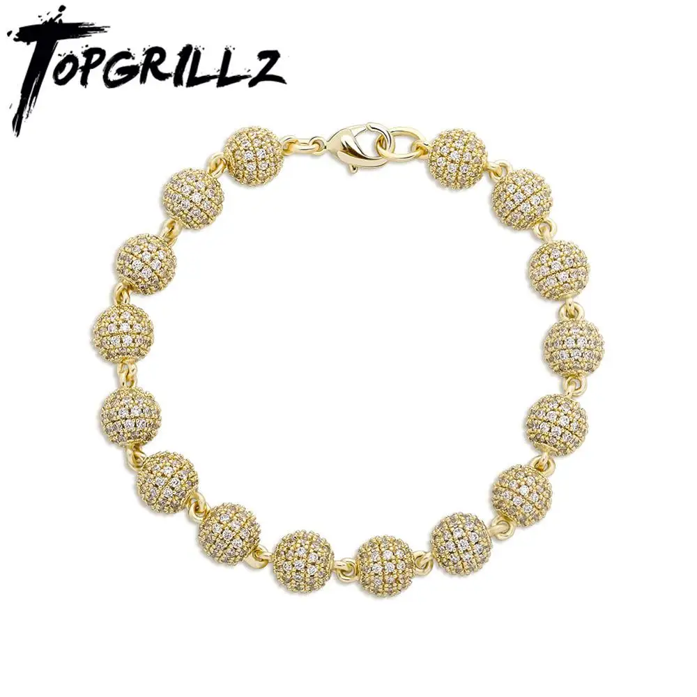 TOPGRILLZ 6mm8mm Big Round Ball Bracelet with Pearl Hip Hop Bracelet Iced Out CZ Gold Color Bracelet Punk Bling Jewelry For Gift