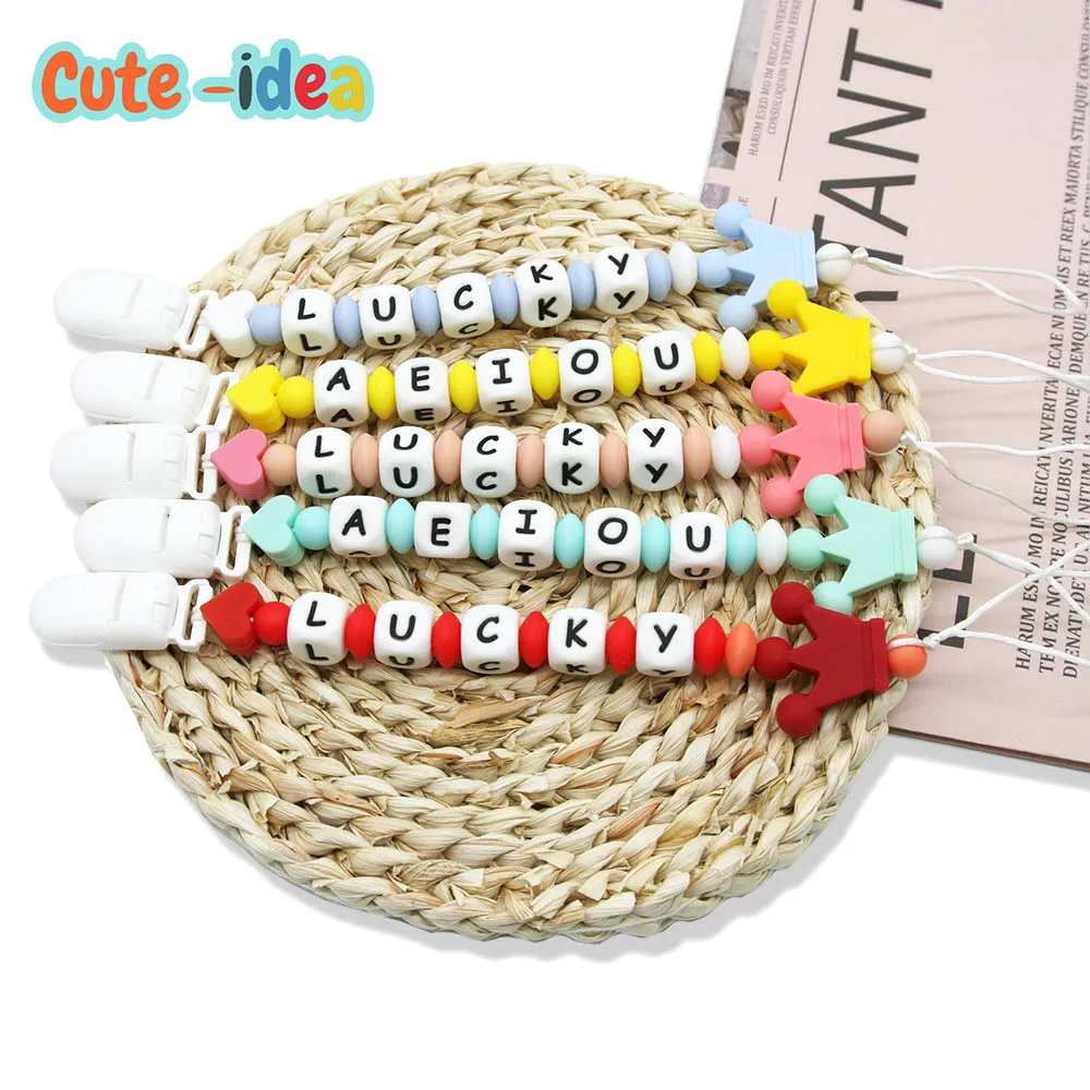 Cute-idea 1Pcs Baby Crown Silicone Beads Pacifier Chain Toys Boy Girl Baby Personalized Name Pacifier Clips Chains Baby Teether