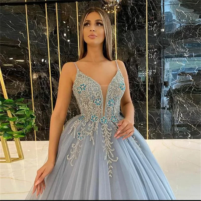 Luxury Sparkly Beads Sequins Lace Evening Dresses Gowns Robe de Soiree Sexy Spaghetti Straps Ball Gown Soft Tulle Party Dresses