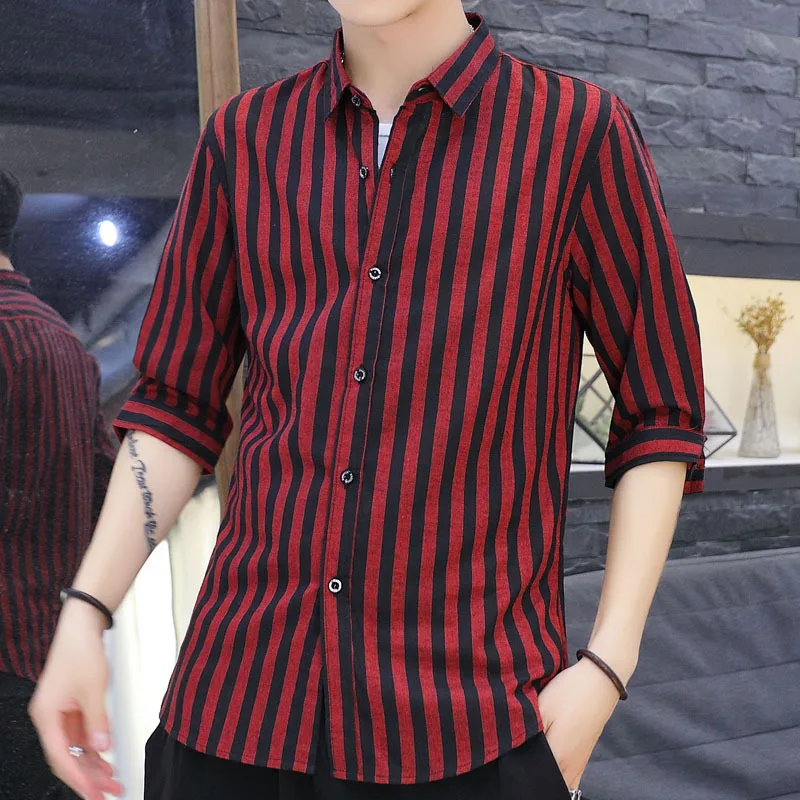 

New Men's Cotton High Quality Linen Shirts Square Collar Half Sleeve Clothing Lattice Casual Cardigan Breathable Trend Loose