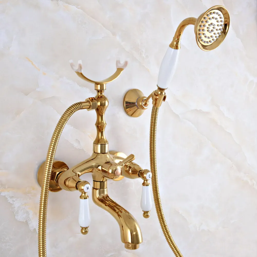 

Luxury Gold Color Brass Wall Mounted Bathroom Bath Tub Faucet Set with 1500MM Hand Held Shower Spray Mixer Tap 2na957
