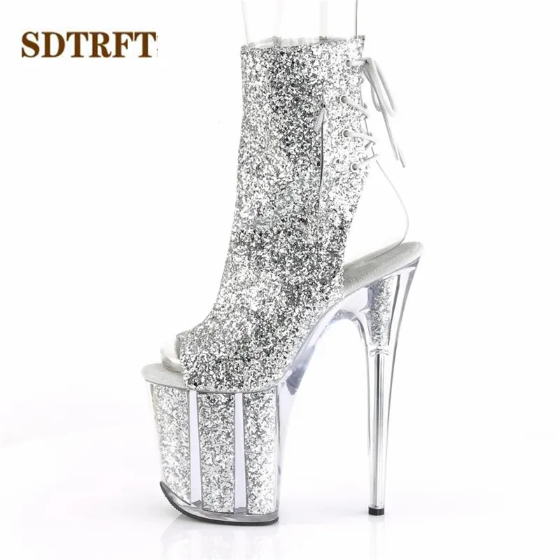 SDTRFT Stilettos 20cm Thin Heels Ankle boots transparent Platforms shoes Woman Rhinestone Tassels Botas Mujer Sequined pumps