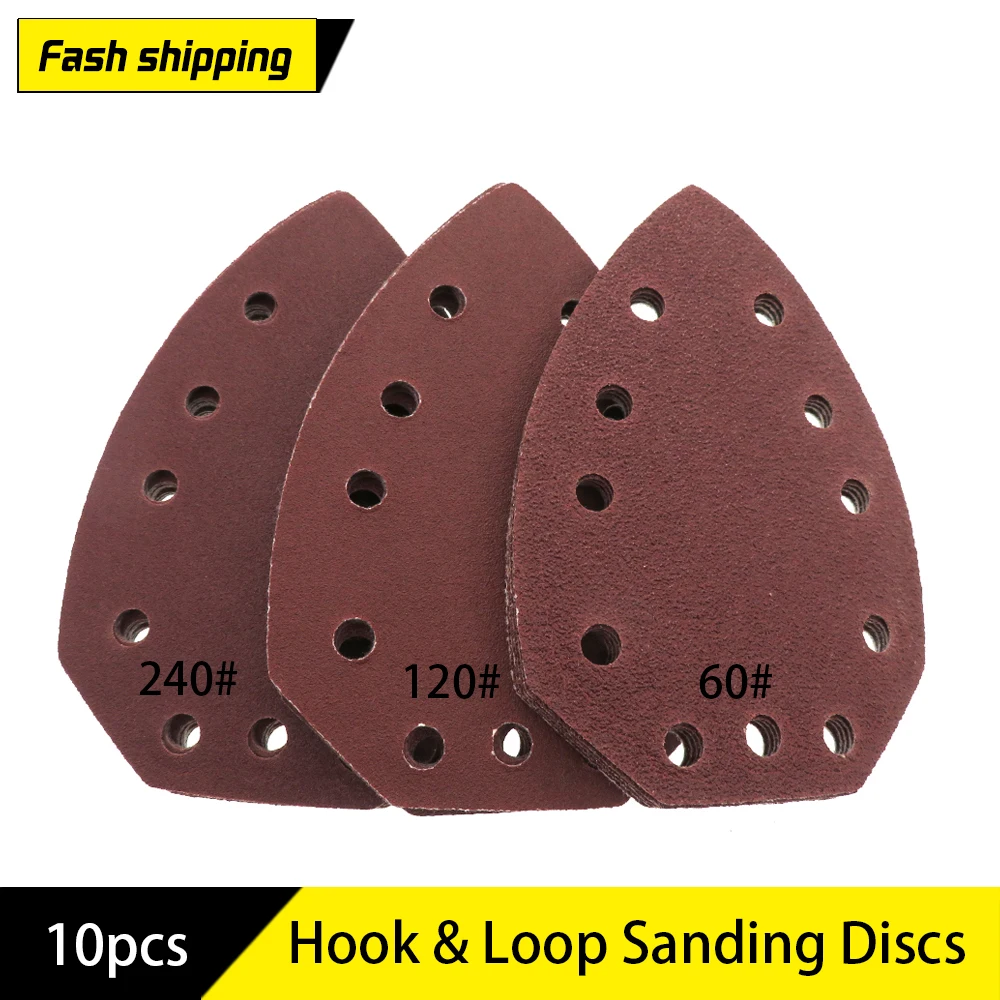 10pcs Self-Adhesive Sandpaper Triangle 11holes Delta Sander Hook Loop Sanding Disc Abrasive Tools For Polishing Grit 60/120/240