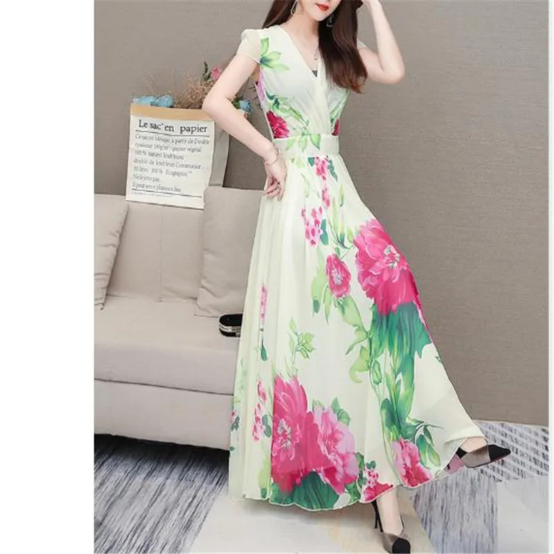 

V-neck 3XL Plus Size sleeveless Dresses 2020 summer new printed dress temperament elegant chiffon beach Mid calf dress