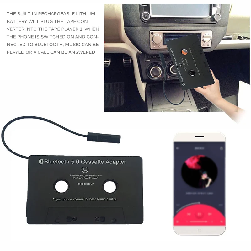 VAORLO Universal Cassette Bluetooth 5.0 Adapter Converter Car Tape Audio Cassette untuk Aux Stereo Music Adapter Cassette dengan Mic