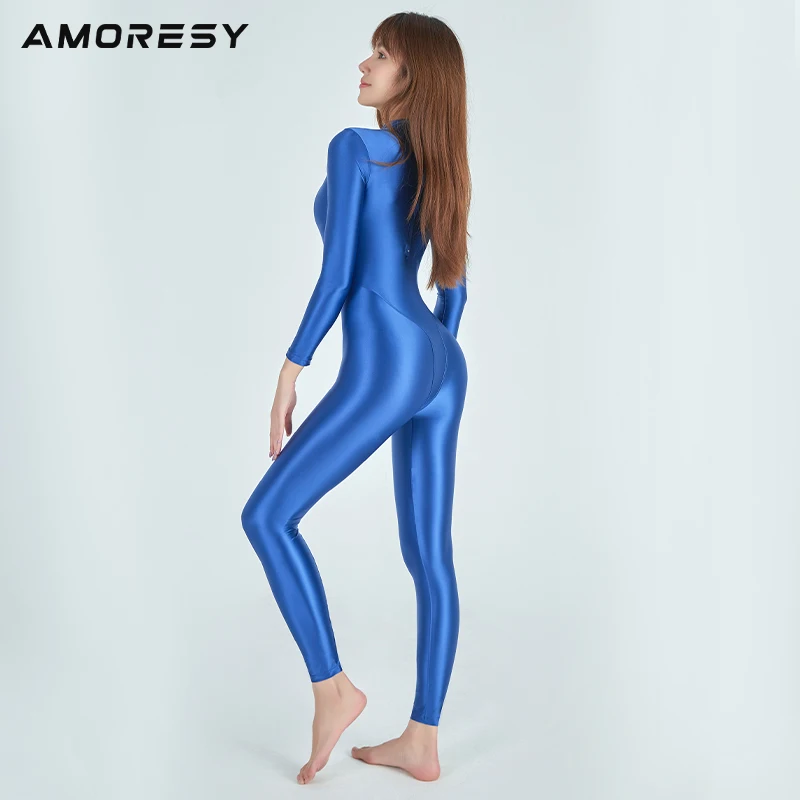 AMORESY Sexy shiny long sleeve full body tights oil smooth running Jumpsuit Yoga casual pantyhose sportswear