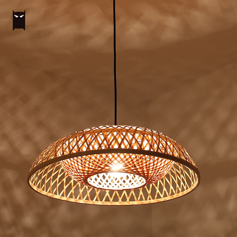 Round Bamboo Wicker Rattan Pendant Light Fixture Modern Japanese Chinese Meditation Hanging Ceiling Lamp Luminaire Dining Room