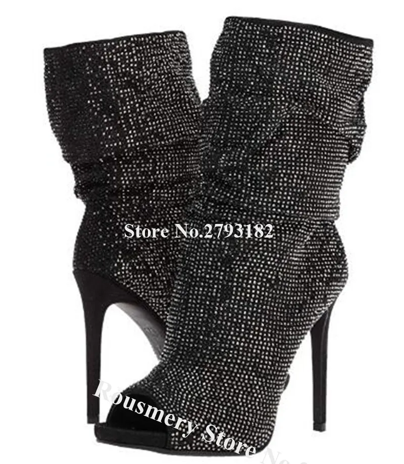 

Bling Bling Women Fashion Peep Toe Black Rhinestone Stiletto Heel Short Boots shining Crystal High Heel Ankle Booties Dress Heel