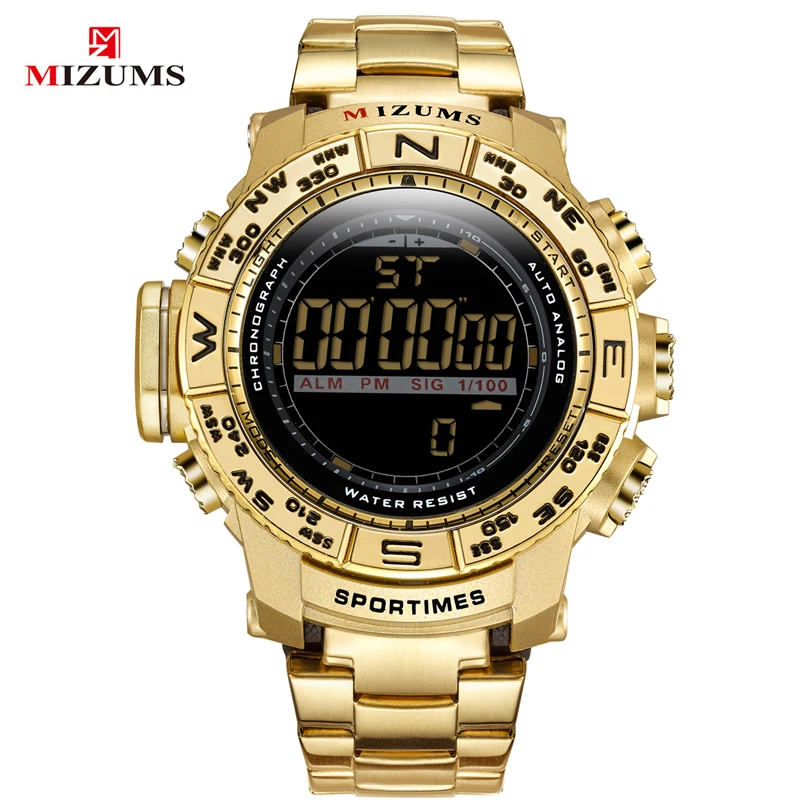 Mizums Chronograph Gold Mens Watches LED Digital Sport Watch for Man Stainless Steel Band Alarm Waterproof Male Clock Wristwatch