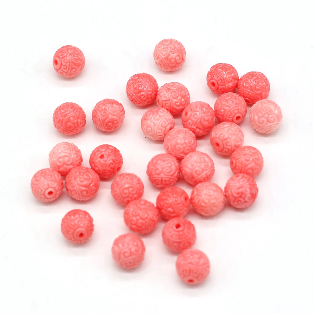 Natural Stone Pink Coral Beads Round Carved Buddha Loose Spacer Beads DIY for Charm Ring Earring Bracelet Jewelry Making 10Pcs