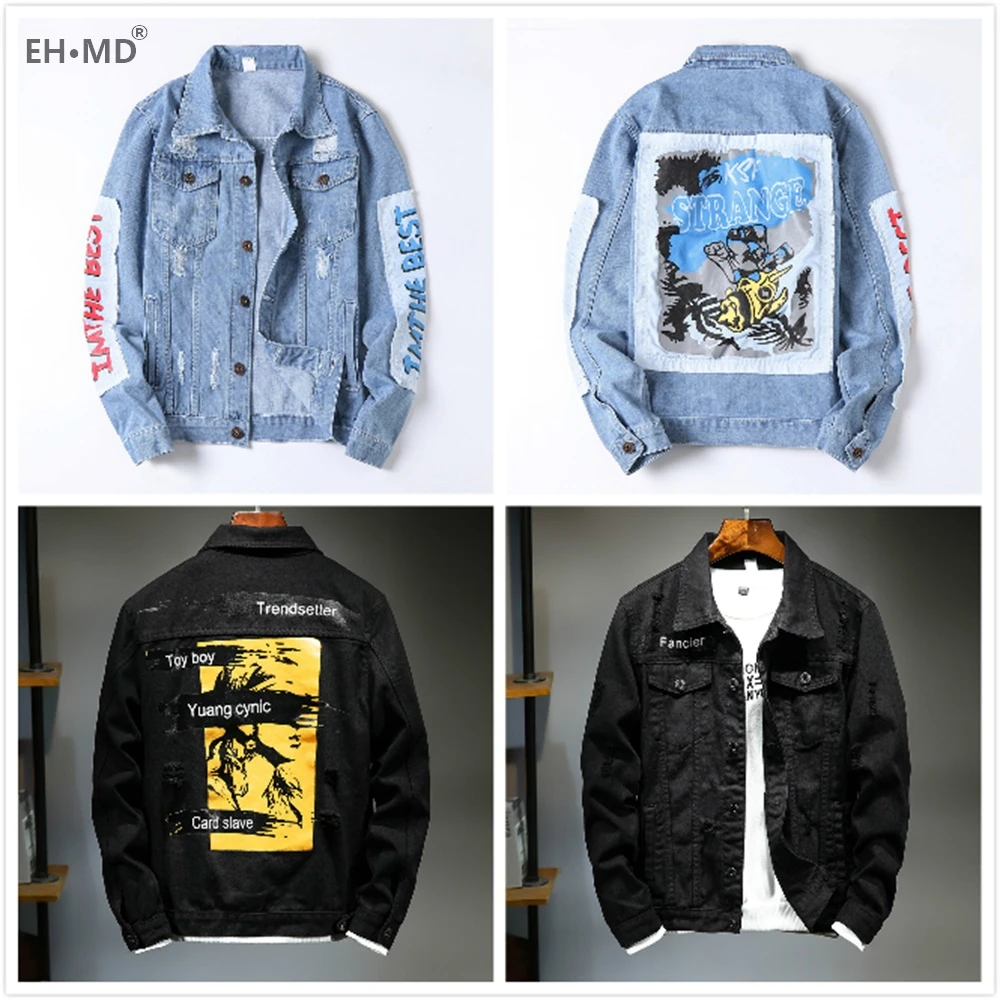 EH·MD® Embroidered Patchwork Denim Jacket Slim Fit  Cotton Line Print Black and Light Blue Shirt Pocket Decoration Wild Youth