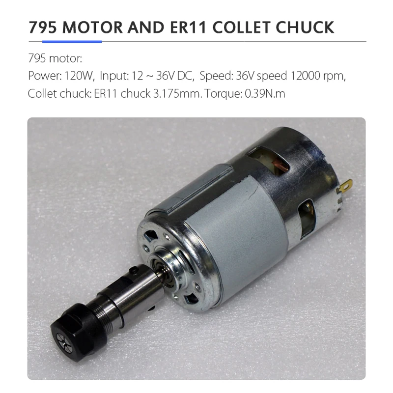แรงบิดขนาดใหญ่795 DC มอเตอร์ ER11 Collet Chuck 45มม.มอเตอร์เกียร์สำหรับเครื่องแกะสลักเครื่องกลึง12V-36V 12000RPM CNC แกนมอเตอร์