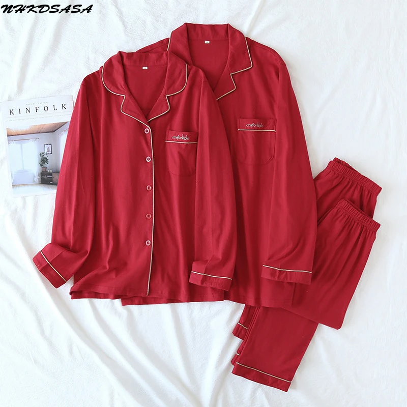 

Sleepwear Womens Pijama 2 Piece 100% Cotton Men Couple Knit Pajamas Set Long-Sleeved Trousers Red Home Service Suit Autumn