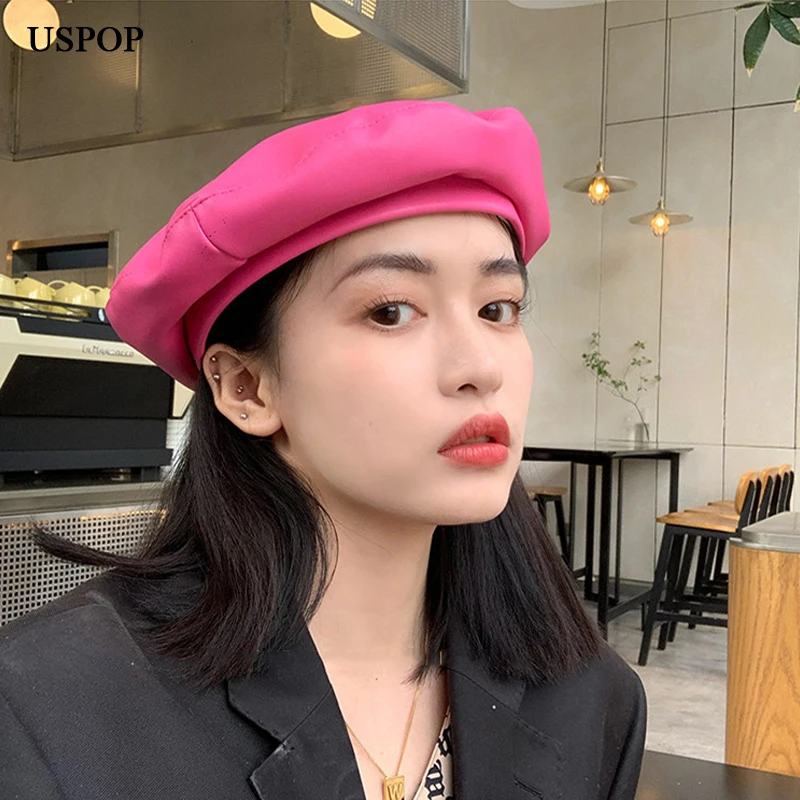 USPOP Autumn Winter Hats Women Berets Solid color PU Leather Beret Hat Rose red Berets