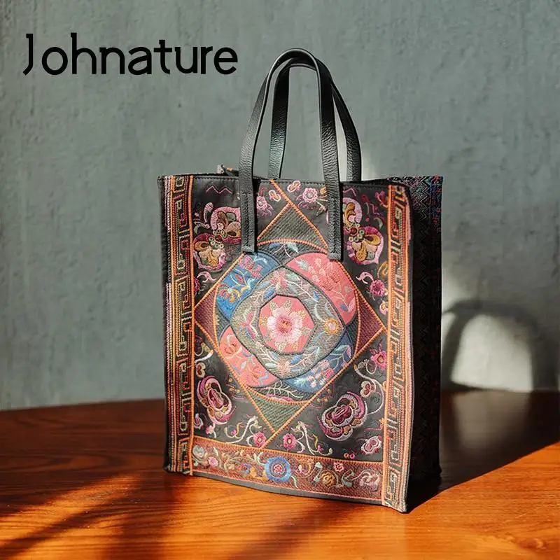 

Johnature National Style Linen Heavy Industry Embroidery Flower Women Bag 2024 New Vintage Handmade Large Capacity Handbag