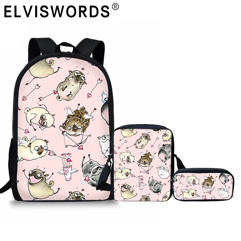 

ELVISWORDS Funny 3D Pug Print School Bags 3Pcs/Set Girls Boys Backpack School Kids Bag Travel Schoolbag Satchels Mochila Escolar