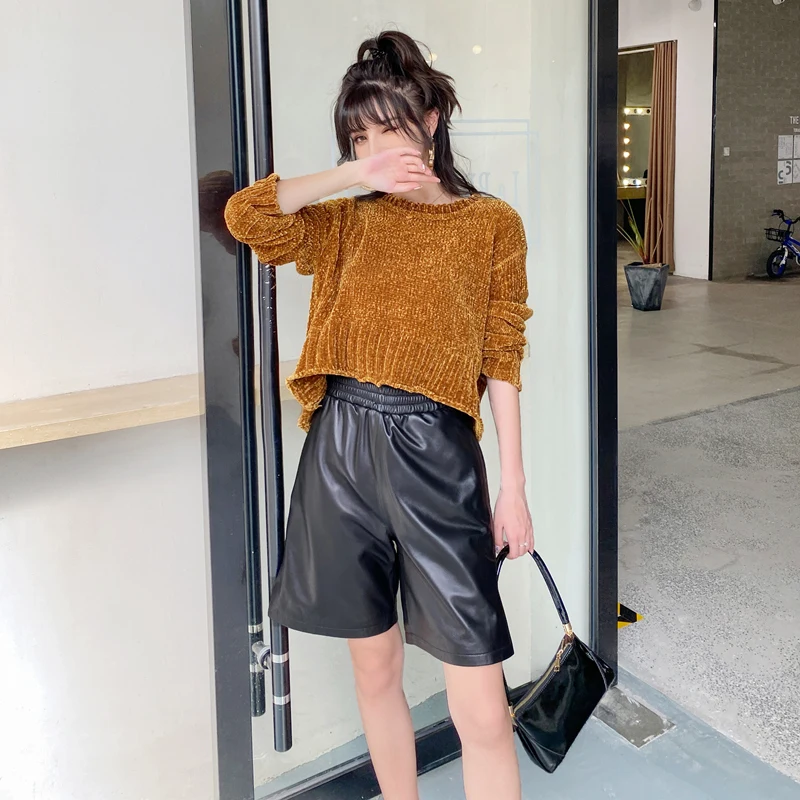 Pantalones De Mujer Women Genuine Leather Shorts Korean Fashion Female Sheepskin Wide Leg Pants Elastic High Waist Midi Trousers