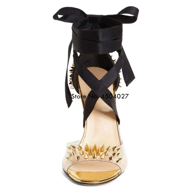 Sexy Black Strappy Transparent PVC Sandals Studded Pumps Gold Sliver Rivets Women Heels Party Dress Shoes