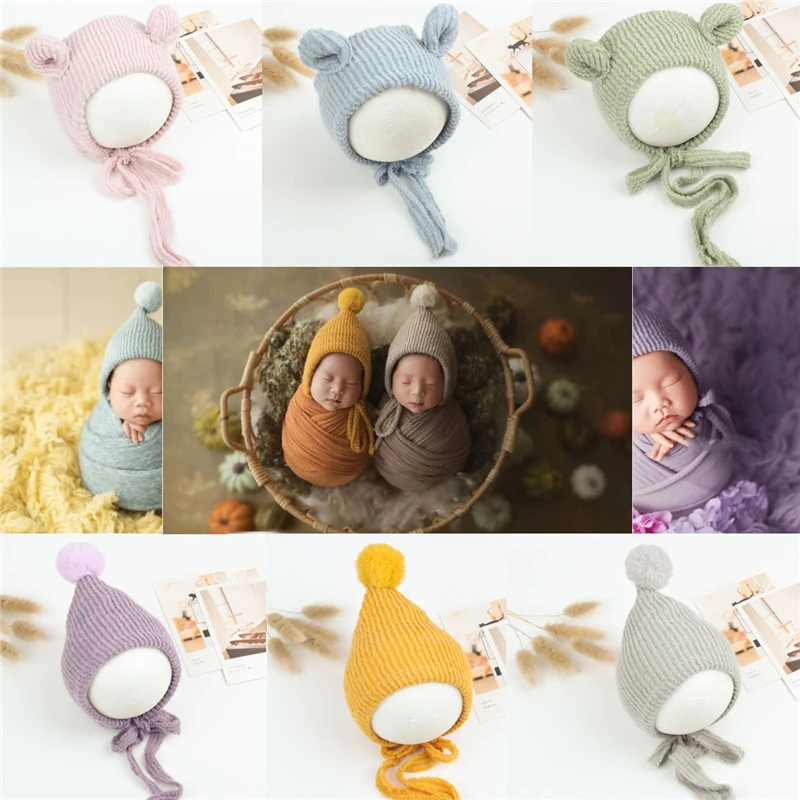 New Arrival Baby Photography Hat Rabbit Fur Pompom Infant Autumn Winter Corduroy Hats Bear Caps Newborn Photo Props