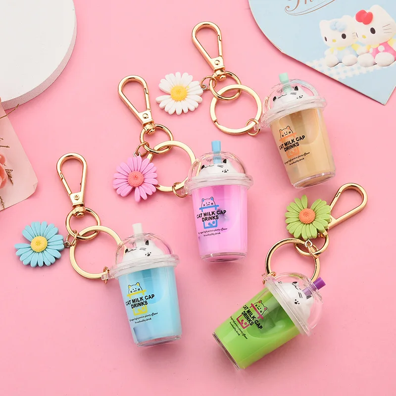 New Cartoon Cat Car Keychain Mini Milk Tea Cup Keychain Liquid Crystal Quicksand Sequin Key Ring Bag Pendant for Women