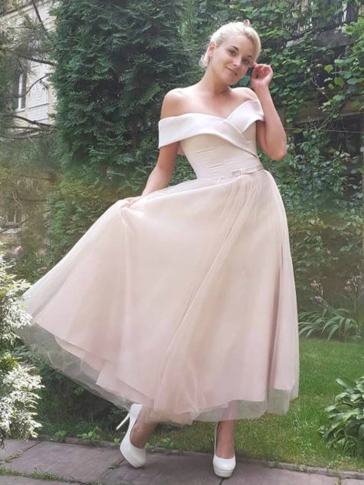 

платья на выпускной Tea Length Prom Dress Off Shoulder Evening Gown Light Pink vestidos de fiesta de noche