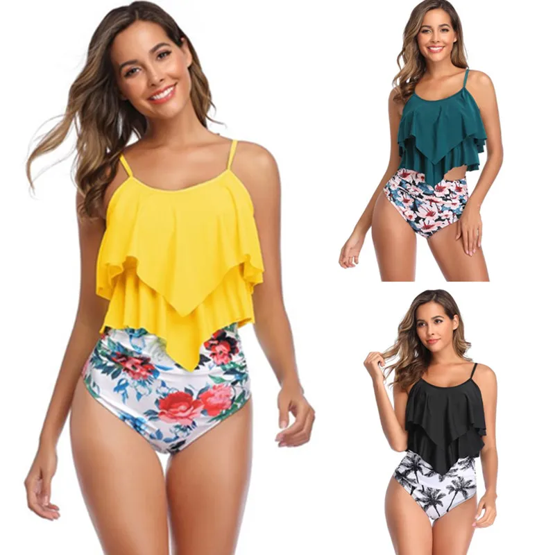 

Женский сексуальный комплект бикини из 2 предметов, на тонких бретельках, купальник с цветочным принтом в виде кокосовой пальмы, с высокой талией, утягивающий живот, оборка с тесьмой